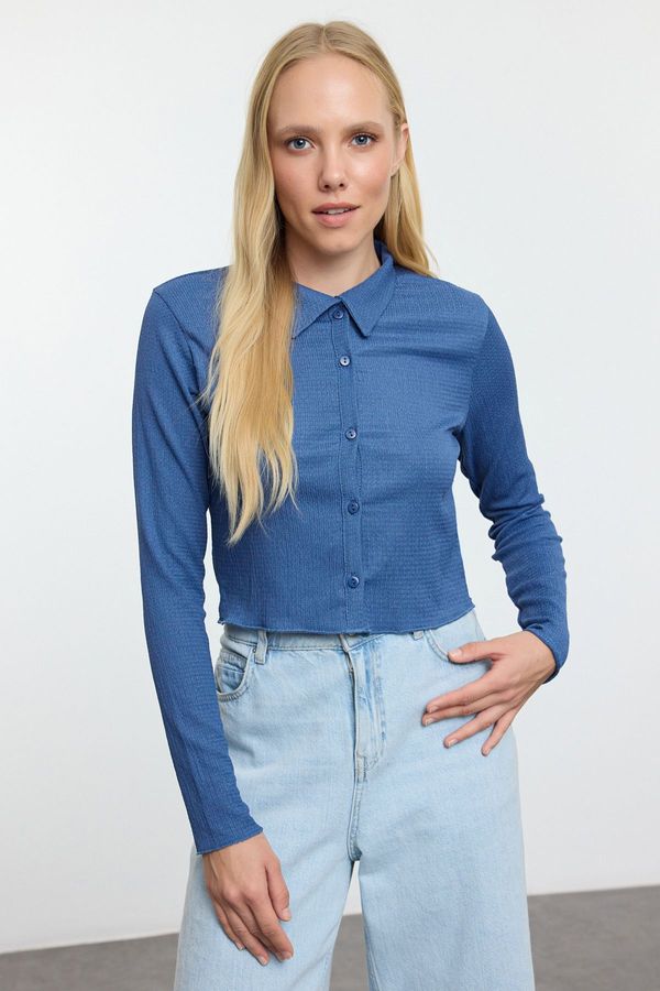 Trendyol Trendyol Indigo Buttoned Fitted Polo Neck Ruffle/Textured Crop Knitted Blouse