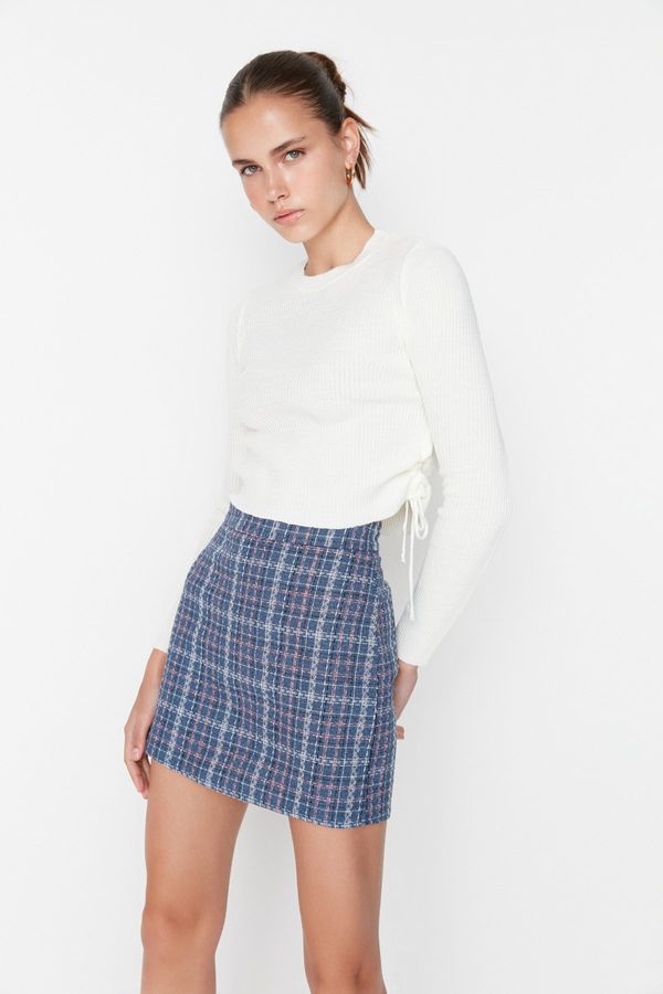Trendyol Trendyol Indigo Checked Tweed Fabric Mini Woven Skirt