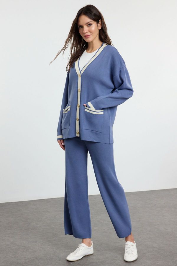 Trendyol Trendyol Indigo Color Block Gold Buttoned Pocket Cardigan-Pants Knitwear Bottom-Top Set