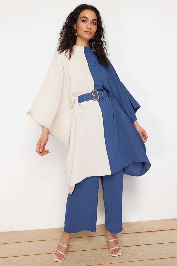 Trendyol Trendyol Indigo Color Block Waist Belted Tunic-Pants Woven Suit