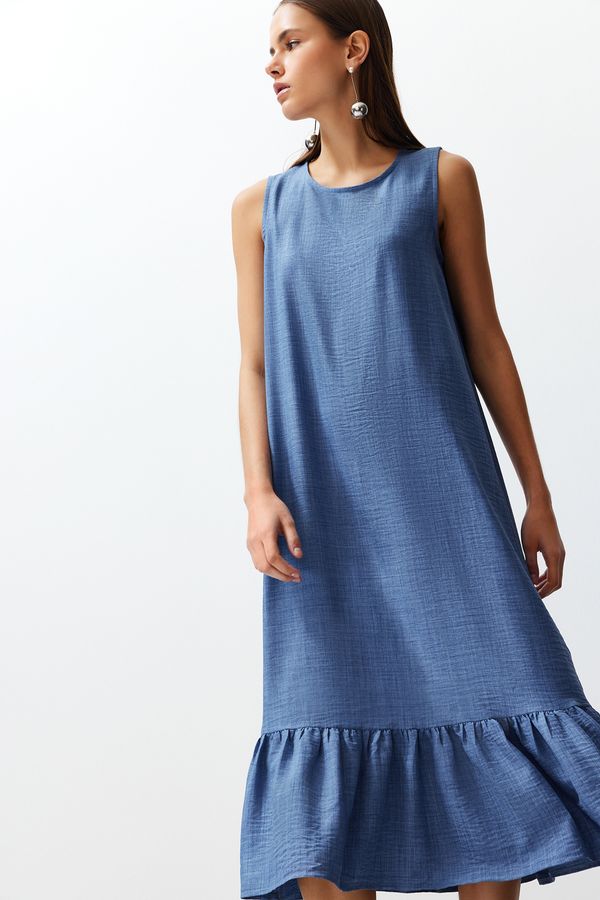 Trendyol Trendyol Indigo Crew Neck Midi Aerobin Woven Dress