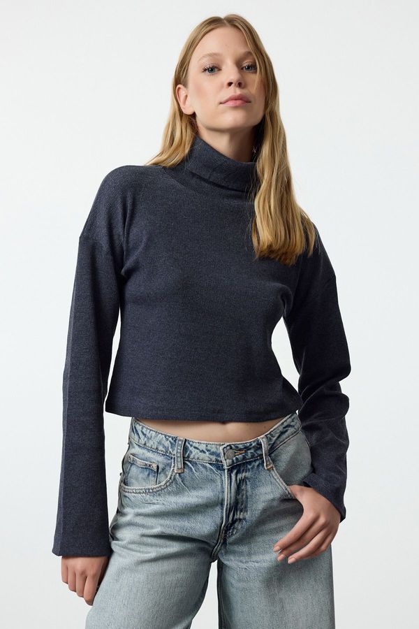 Trendyol Trendyol Indigo Fitted High Collar Crop Stretchy Knitted Blouse