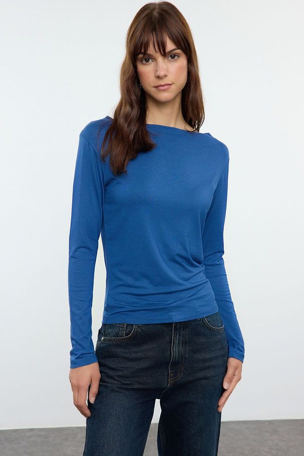 Trendyol Trendyol Indigo Fitted Long Sleeve Bateau Neck Viscose Stretchy Knitted Blouse