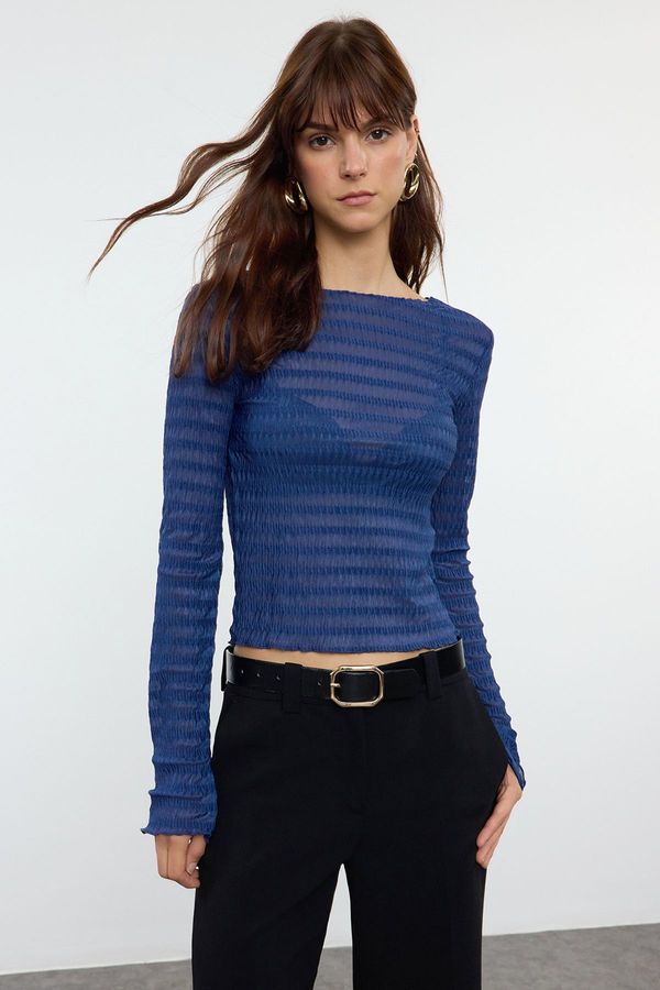 Trendyol Trendyol Indigo Fitted Textured Tulle Stretchy Knitted Blouse