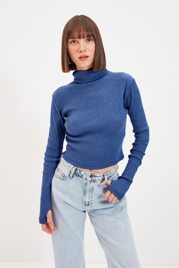 Trendyol Trendyol Indigo Fitted Turtleneck Finger Detailed Ribbed Stretchy Knitted Blouse