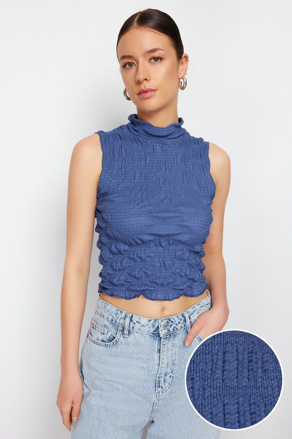 Trendyol Trendyol Indigo High Neck Fitted Crop Textured Stretch Knitted Blouse