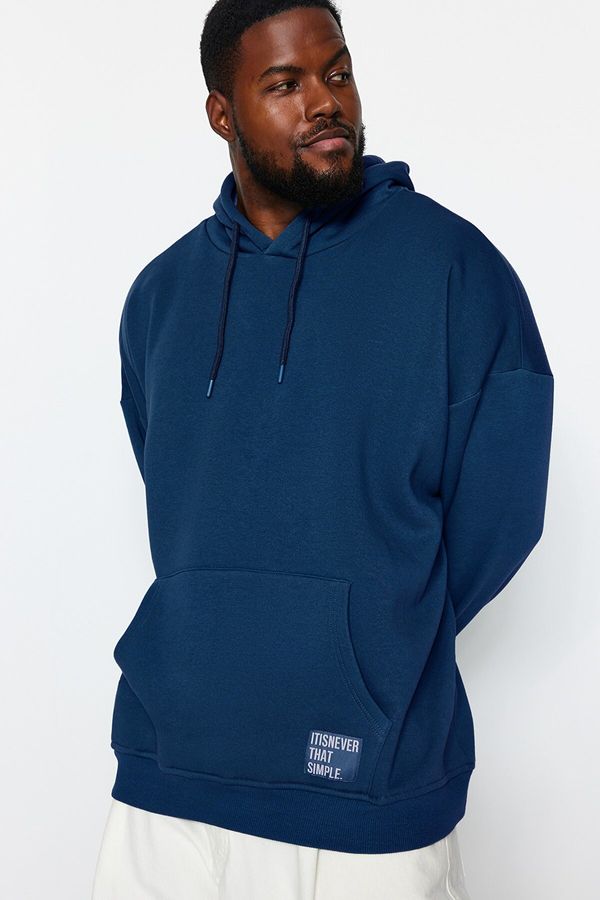 Trendyol Trendyol Indigo Men's Plus Size Basic Comfortable Hooded Labeled Fleece Cotton Sweatshirt