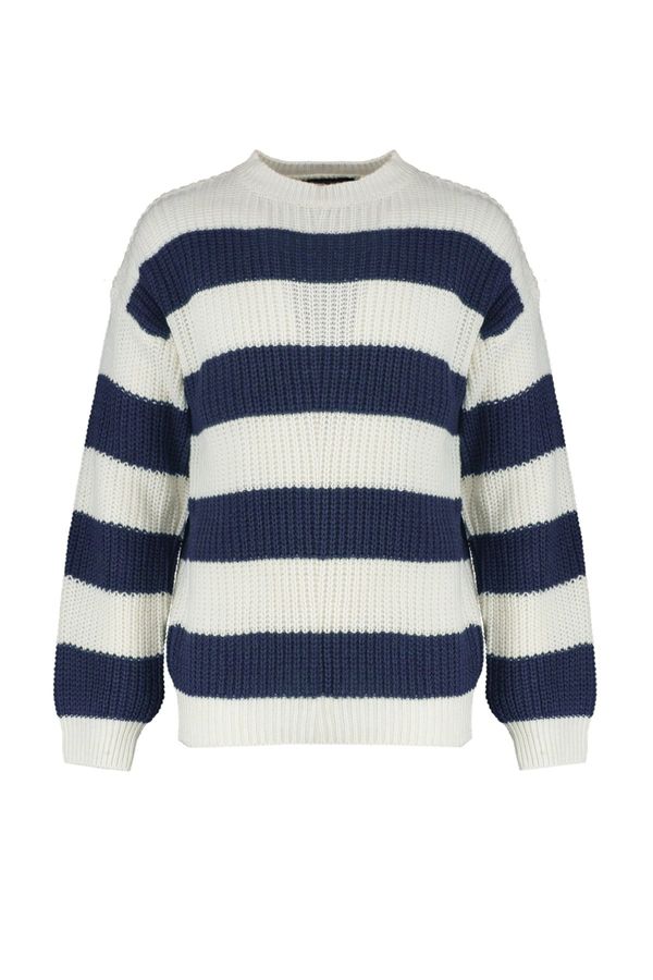 Trendyol Trendyol Indigo Oversize Fit Wide Fit Crew Neck Striped Knitwear Sweater