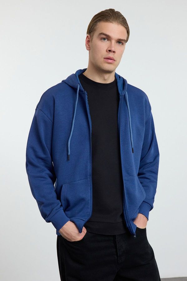 Trendyol Trendyol Indigo Oversize/Wide Cut Hooded Zippered Thick Basic Sweatshirt-Cardigan