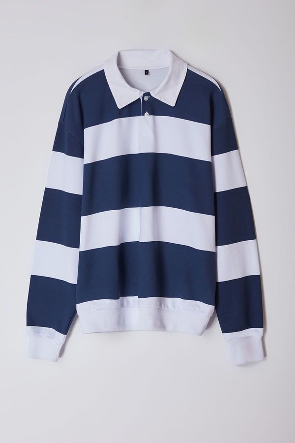 Trendyol Trendyol Indigo Oversize/Wide Cut Striped Shirt Collar Sweatshirt