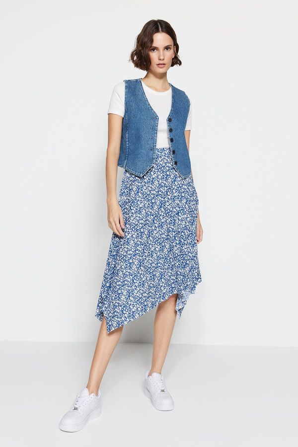 Trendyol Trendyol Indigo Patterned Ruffle Asymmetrical High Waist Midi Stretch Knit Skirt