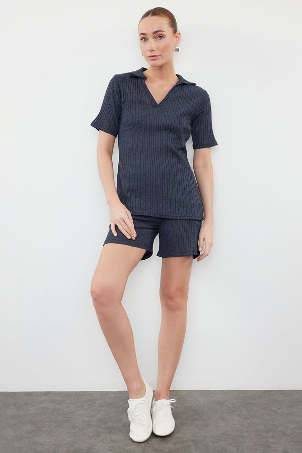 Trendyol Trendyol Indigo Polo Neck Short Sleeve Ribbed Stretchy Knitted Bottom-Top Set