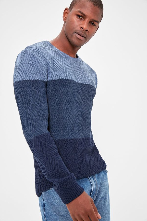 Trendyol Trendyol Indigo Regular Crew Neck Color Block Knit Sweater