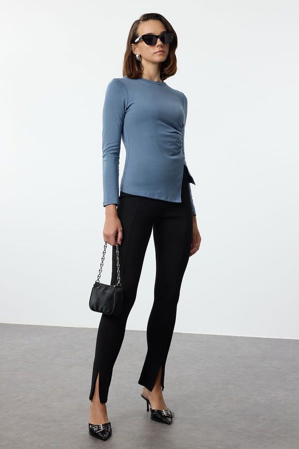 Trendyol Trendyol Indigo Single Slit Detailed Cotton Gathered Crew Neck Knitted Blouse