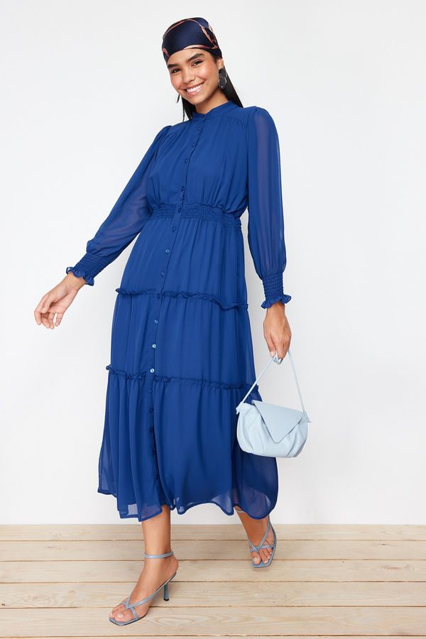 Trendyol Trendyol Indigo Sleeves and Waist Gipe Detail Lined Chiffon Woven Shirt Dress