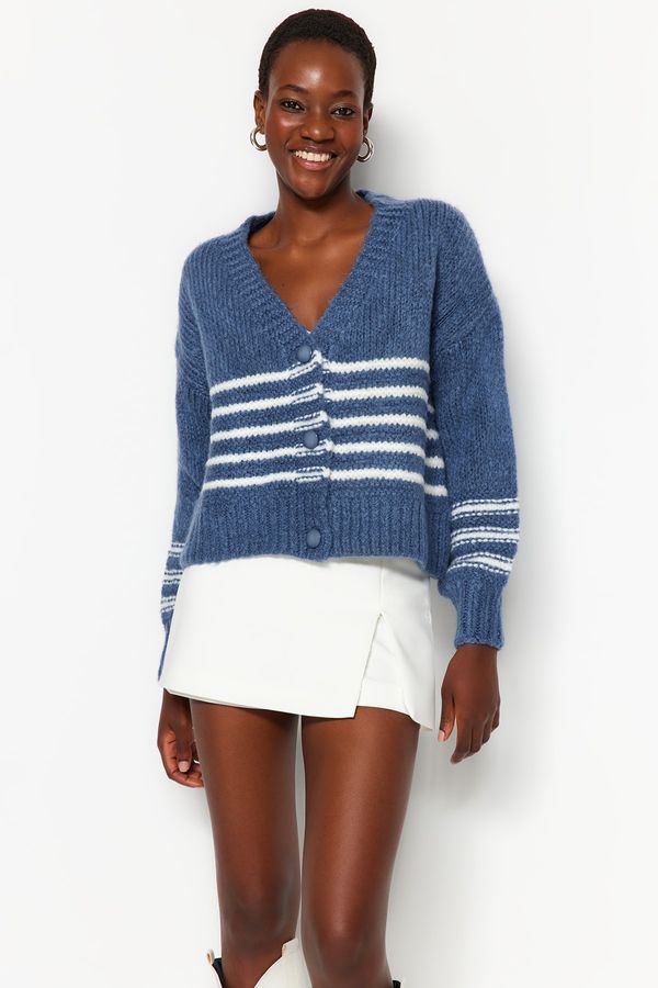 Trendyol Trendyol Indigo Soft Textured Striped Knitwear Cardigan