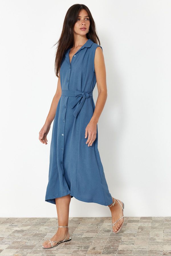 Trendyol Trendyol Indigo Straight Belted Sleeveless Shirt Woven Dress