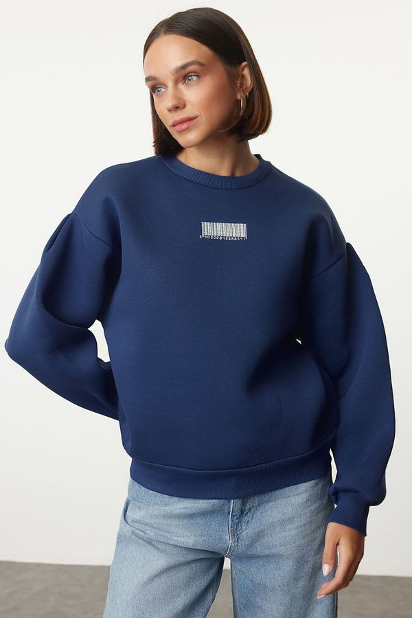 Trendyol Trendyol Indigo Thick Inside Fleece Minimal Printed Balloon Sleeve Knitted Sweatshirt