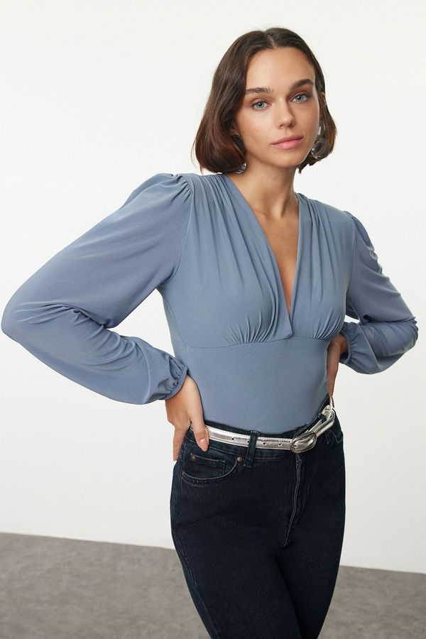 Trendyol Trendyol Indigo V Neck Balloon Sleeve Fitted/Fits the Body Flexible Snap Knitted Bodysuit