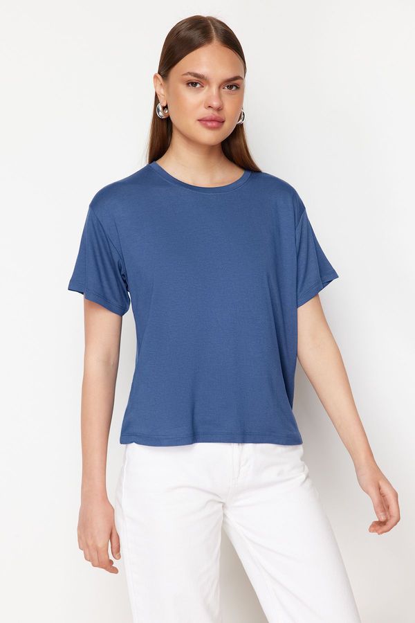 Trendyol Trendyol Indigo Viscose Short Sleeve Crew Neck Knitted T-Shirt