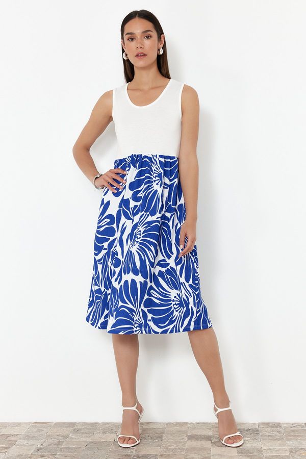 Trendyol Trendyol Indigo Zero Sleeve Pool Collar Skirt Patterned Midi Knitted Dress