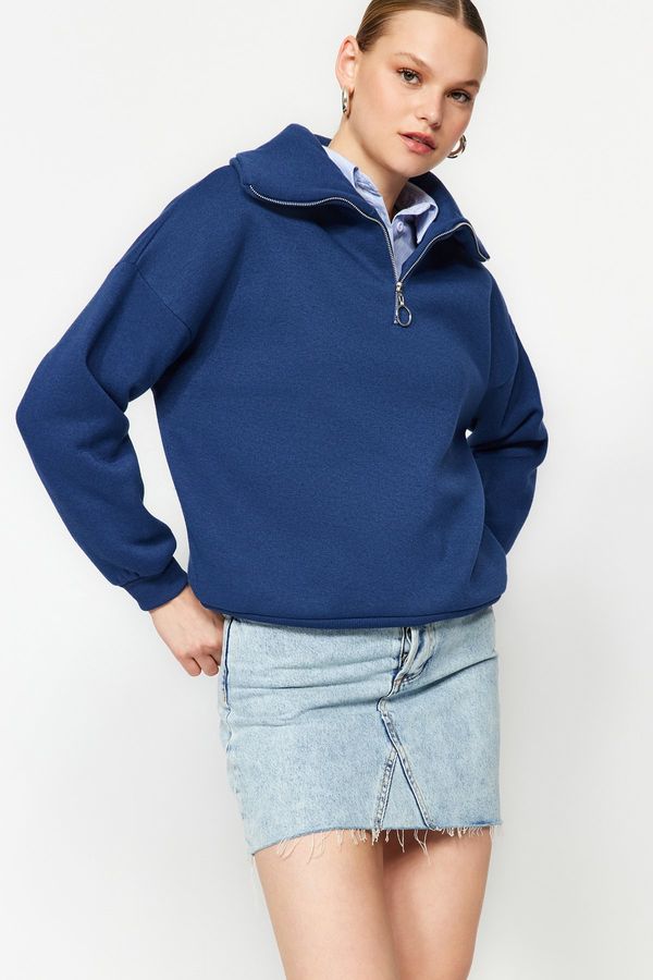 Trendyol Trendyol Indigo Zipper High Neck Thick Fleece Inside Regular Fit Knitted Sweatshirt