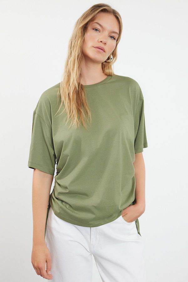 Trendyol Trendyol Khaki 100% Cotton Back and Front Printed Oversize/Relaxed Cut Knitted T-Shirt