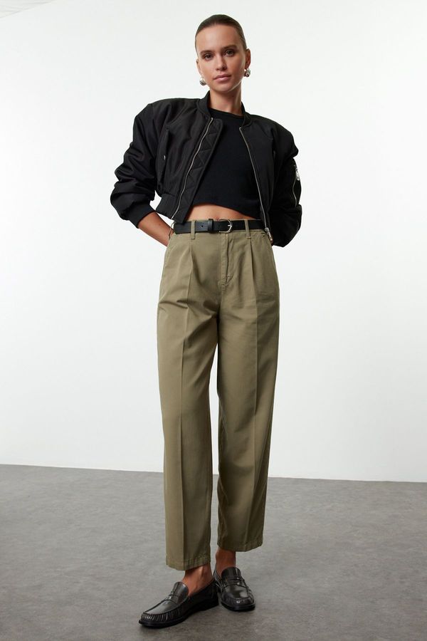 Trendyol Trendyol Khaki Belted High Waist Mom Jeans