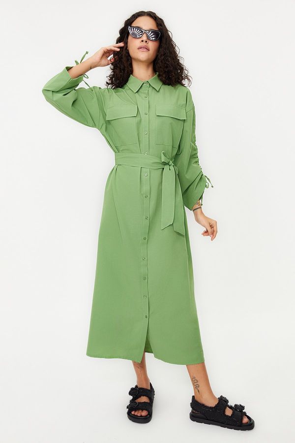 Trendyol Trendyol Khaki Belted Sleeves Adjustable Detailed Cotton Woven Shirt Dress