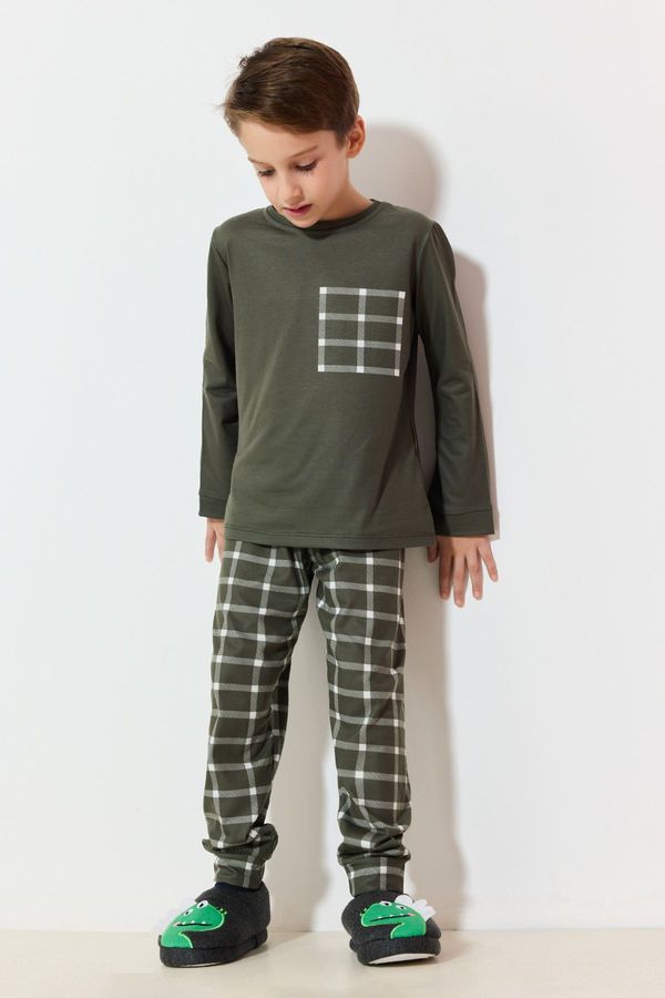 Trendyol Trendyol Khaki Boy Plaid / Checkered Pajama Set Knitted Top-Bottom Set