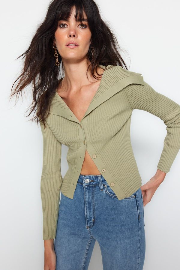 Trendyol Trendyol Khaki Crop Turndown Collar Knitwear Cardigan