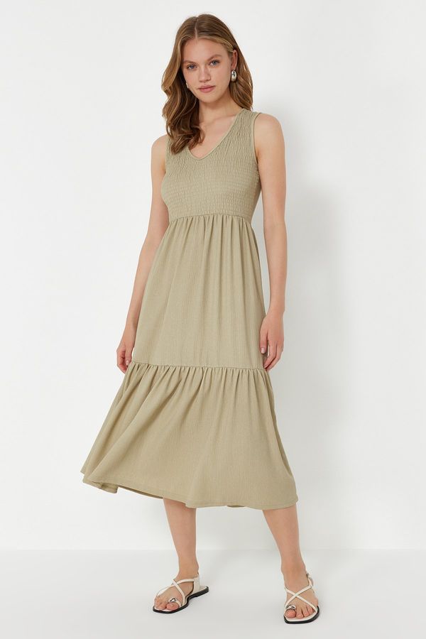 Trendyol Trendyol Khaki Elastic Skater/Waist Opening V-Neck Sleeveless Wrap/Textured Stretchy Knitted Midi Dress