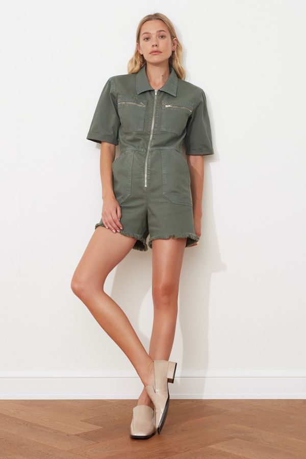 Trendyol Trendyol Khaki Elastic Waist Denim Shorts Overalls