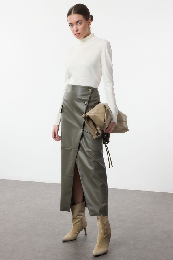 Trendyol Trendyol Khaki Faux Leather Midi Woven Skirt