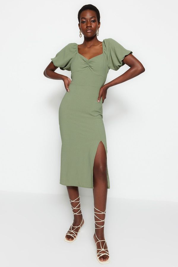 Trendyol Trendyol Khaki Fitted Midi Woven Dress with Slit Back Detail