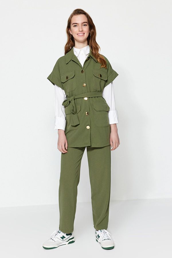 Trendyol Trendyol Khaki Gold Buttoned Vest-Pants Knitted Suit