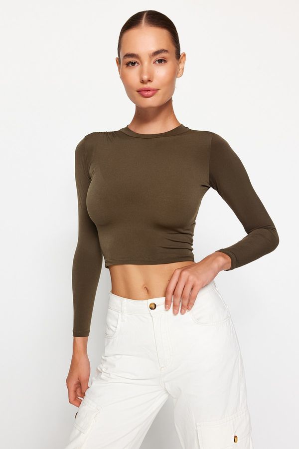 Trendyol Trendyol Khaki High Neck Fitted/Simple Long Sleeve Gathered Elastic Knitted Blouse
