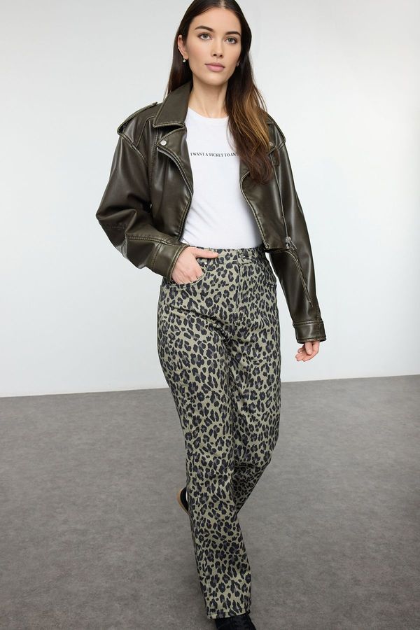 Trendyol Trendyol Khaki Leopard Print High Waist Straight Jeans