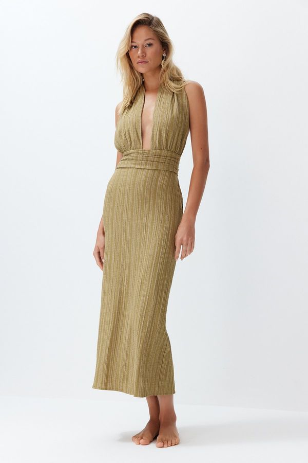 Trendyol Trendyol Khaki Maxi Woven Decollete Linen Blend Beach Dress