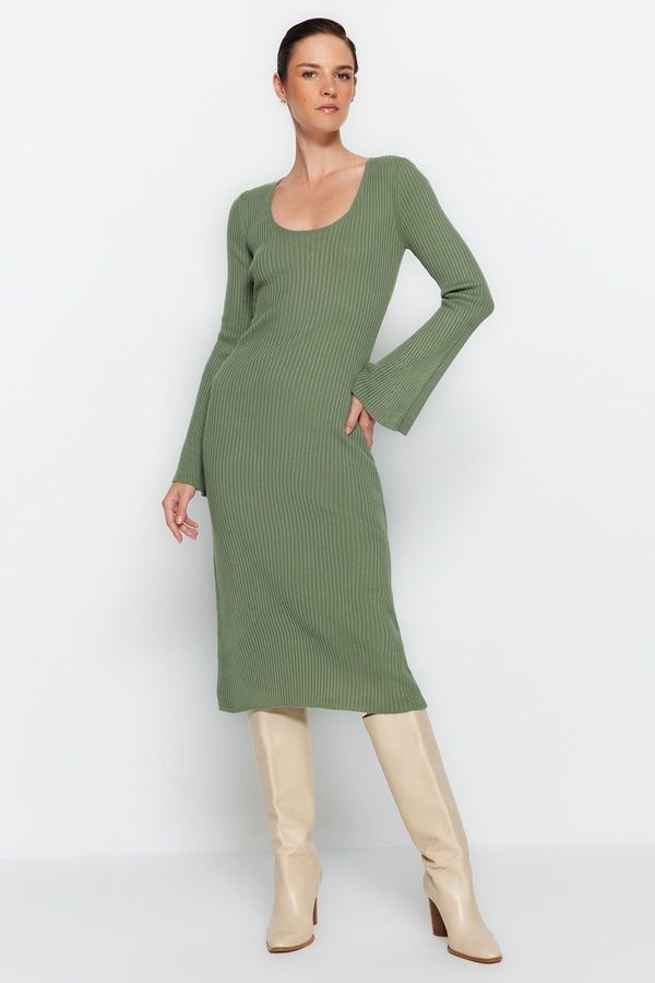 Trendyol Trendyol Khaki Midi Knitwear Basic Dress with Sleeve Detail