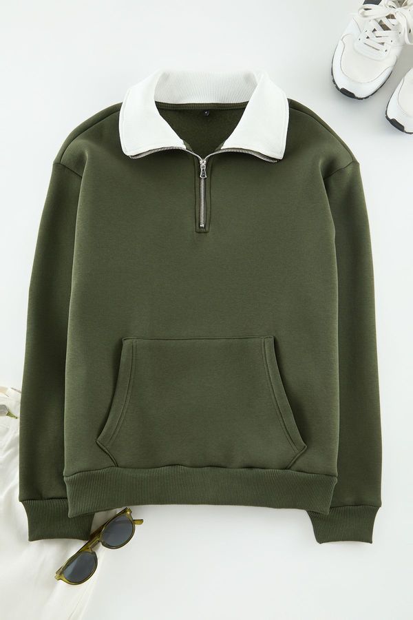 Trendyol Trendyol Khaki Oversize/Wide Cut Stand Collar Zippered Polar Fleece Inside/Warm Sweatshirt