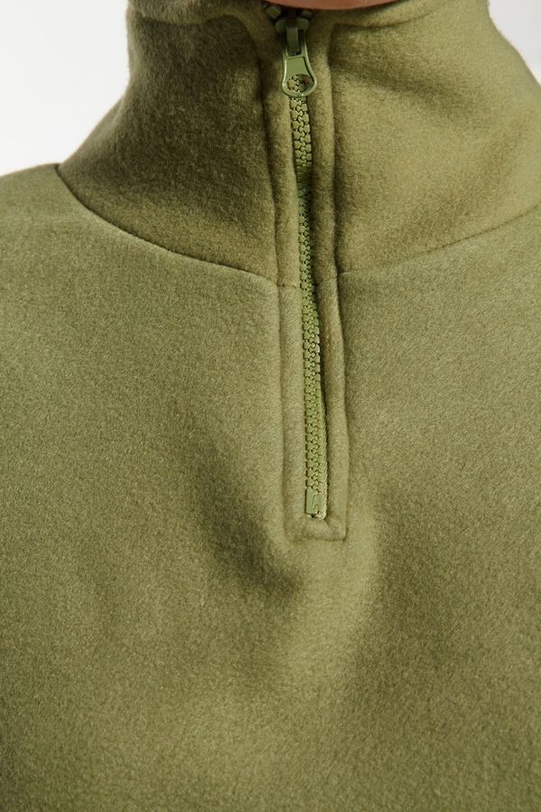Trendyol Trendyol Khaki Parachute Detail Polo Neck Zipper Stopper Fleece Crop Knitted Sweatshirt