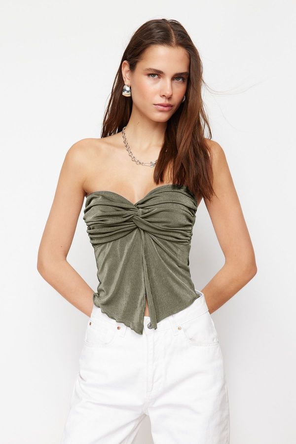 Trendyol Trendyol Khaki Premium Buzzy Heart Neck Gathered Crop Knit Blouse