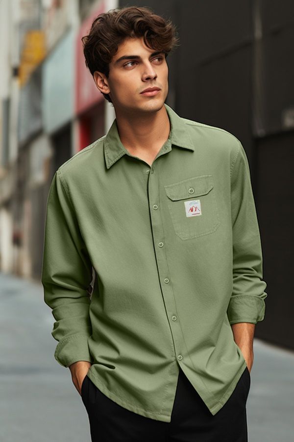 Trendyol Trendyol Khaki Relaxed Comfortable Fit Label Detailed Single Pocket Gabardine Textured Shirt Jacket