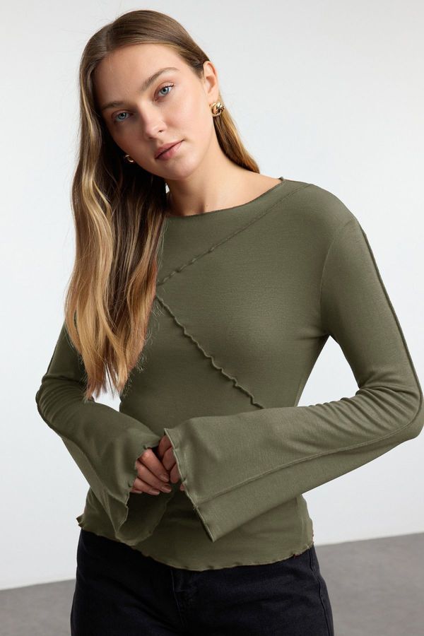 Trendyol Trendyol Khaki Ribbed Detailed Fitted/Fits the Body Spanish Sleeve Knitted Blouse