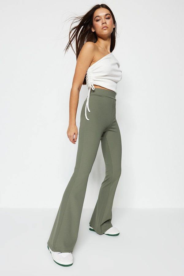 Trendyol Trendyol Khaki Ribbed Flare/Spanish Leg High Waist Knitted Leggings Trousers