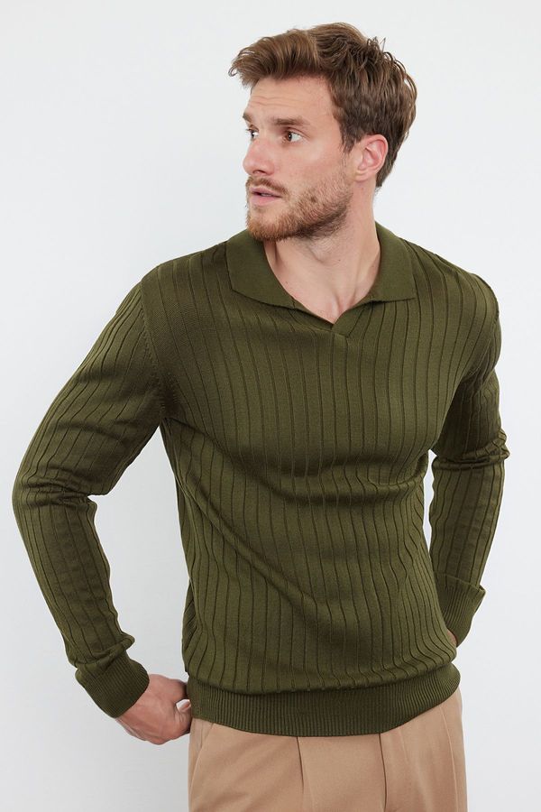 Trendyol Trendyol Khaki Slim Slim Fit Polo Collar Plain Knitwear Sweater