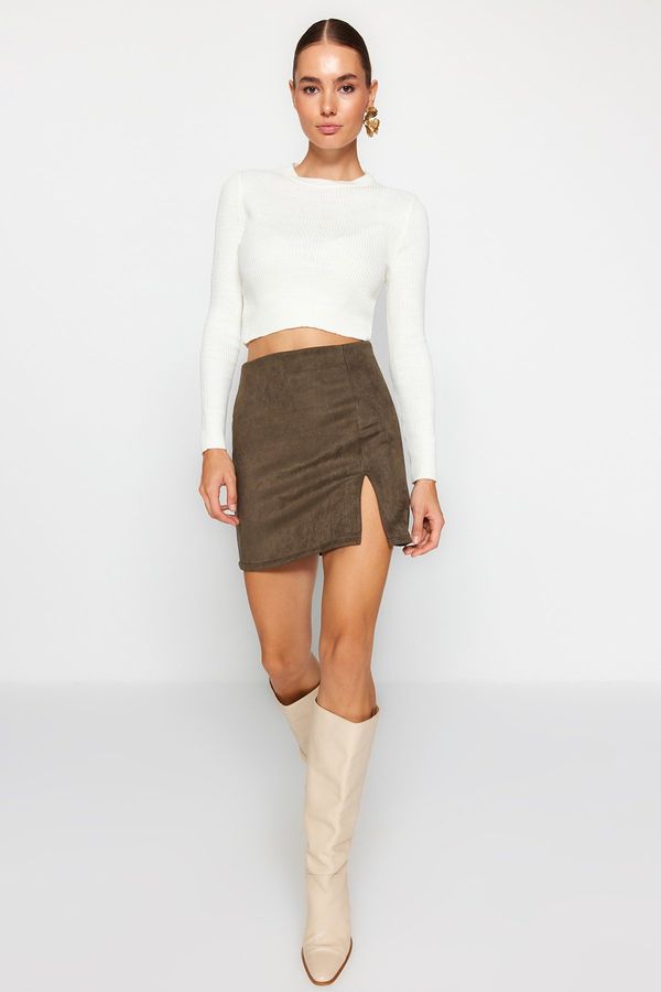 Trendyol Trendyol Khaki Slit Suede Mini Knitted Skirt