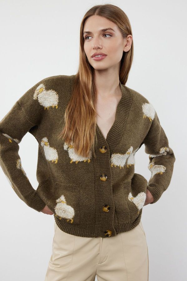 Trendyol Trendyol Khaki Soft Textured Animal Patterned Knitwear Cardigan