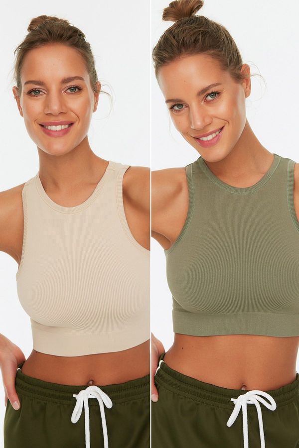 Trendyol Trendyol Khaki-Stone 2-Pack Seamless/Seamless Lightly Supported/Shaping Knitted Sports Bra